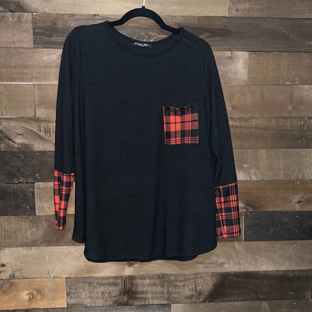Acting Pro Black Top with Buffalo Plaid Details